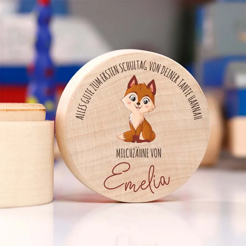 Personalisierte Milchzahndose aus Lindenholz mit Namen - Zahnbox für Kinder - Fuchs Motiv | Natur, Runde - Baby Geschenk & Andenken zur Taufe
