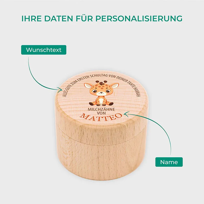 Personalisierte Milchzahndose aus Lindenholz mit Namen - Zahnbox für Kinder - Giraffe Motiv | Natur, Runde - Baby Geschenk & Andenken zur Taufe