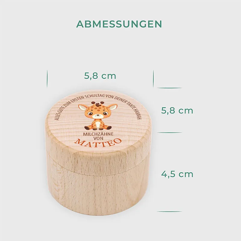 Personalisierte Milchzahndose aus Lindenholz mit Namen - Zahnbox für Kinder - Giraffe Motiv | Natur, Runde - Baby Geschenk & Andenken zur Taufe