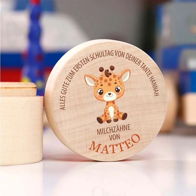 Personalisierte Milchzahndose aus Lindenholz mit Namen - Zahnbox für Kinder - Giraffe Motiv | Natur, Runde - Baby Geschenk & Andenken zur Taufe