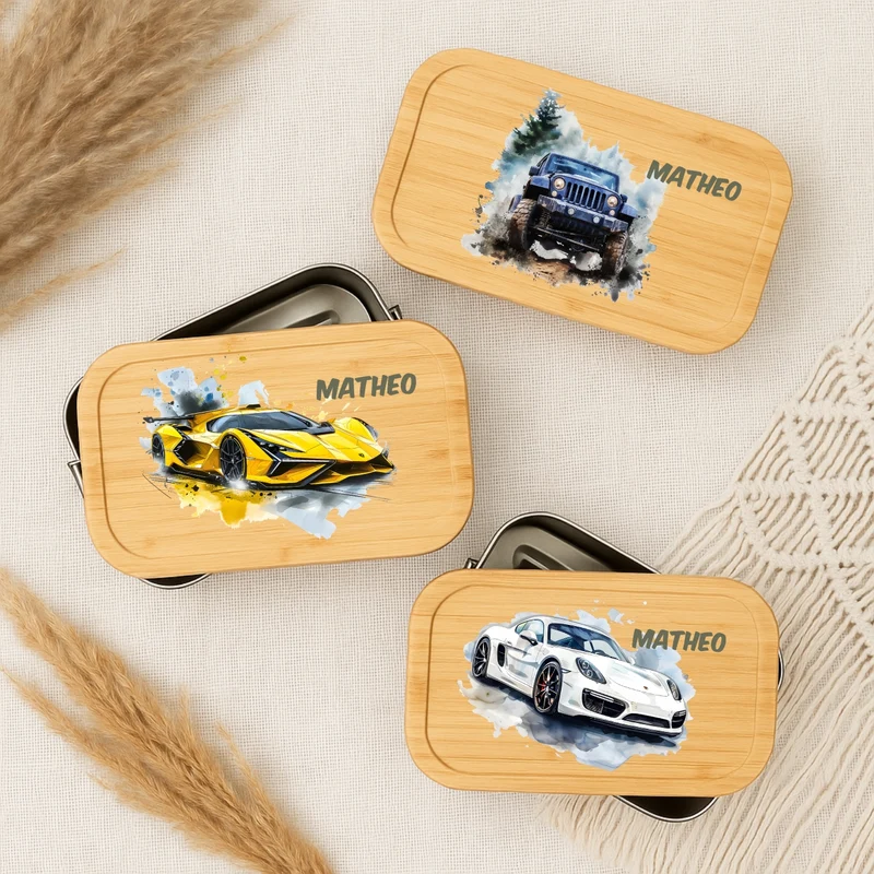 Brotdose Kinder Auto – Lunchbox mit Bambusdeckel & Name