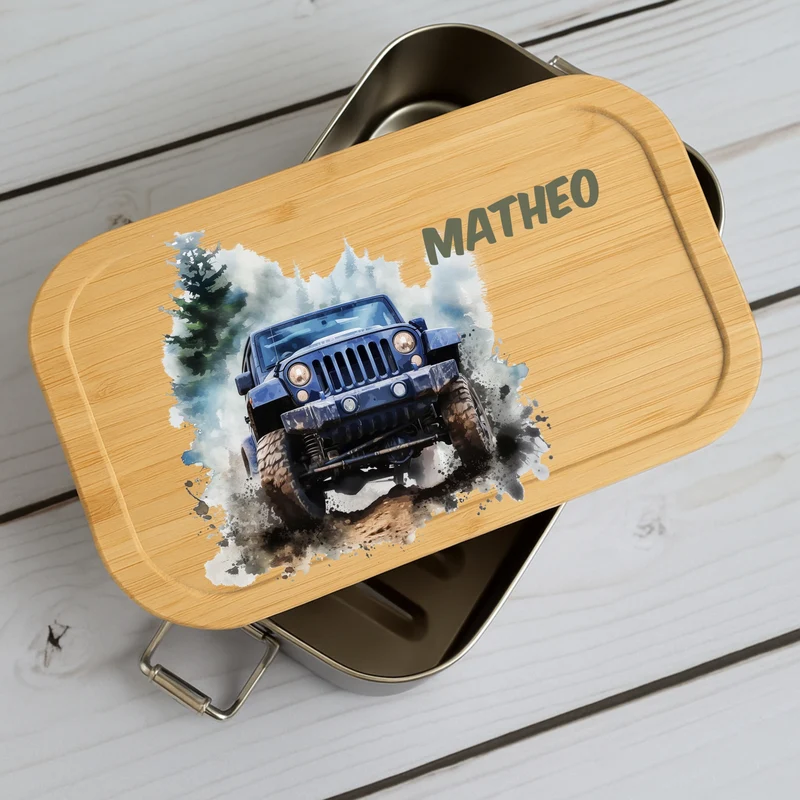 Brotdose Kinder Auto – Lunchbox mit Bambusdeckel & Name