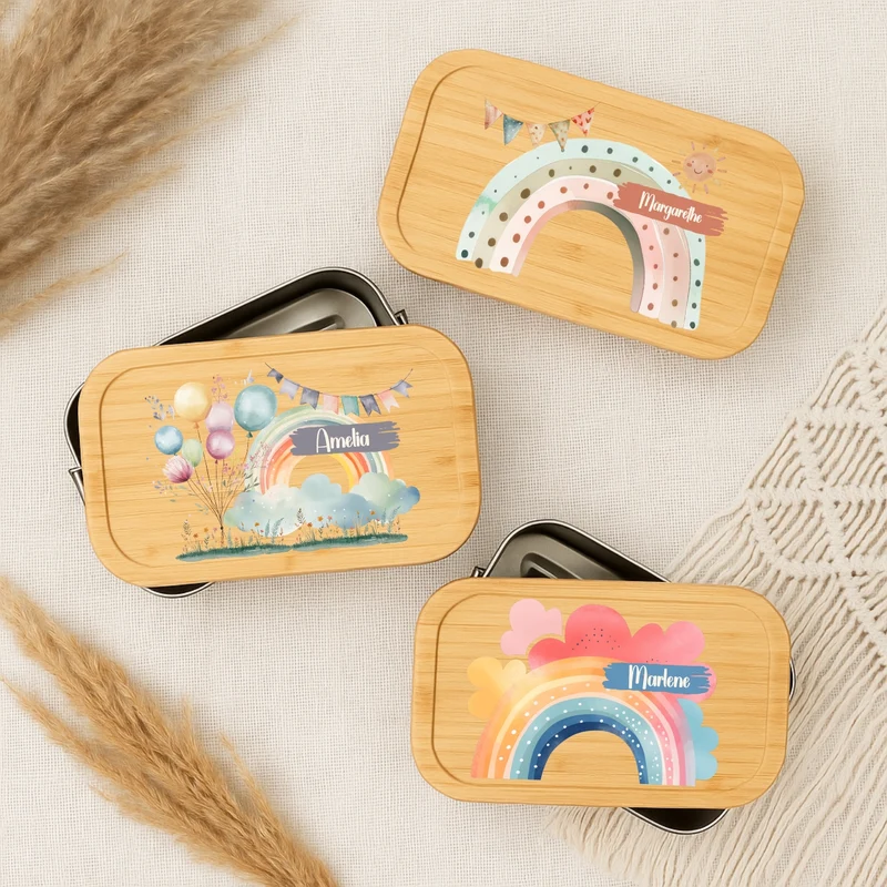 Brotdose Kinder Regenbogen – Lunchbox mit Bambusdeckel & Name