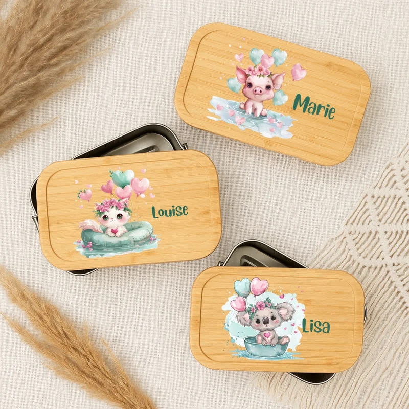 Brotdose Kinder Grüne Tierchen – Lunchbox mit Bambusdeckel & Name
