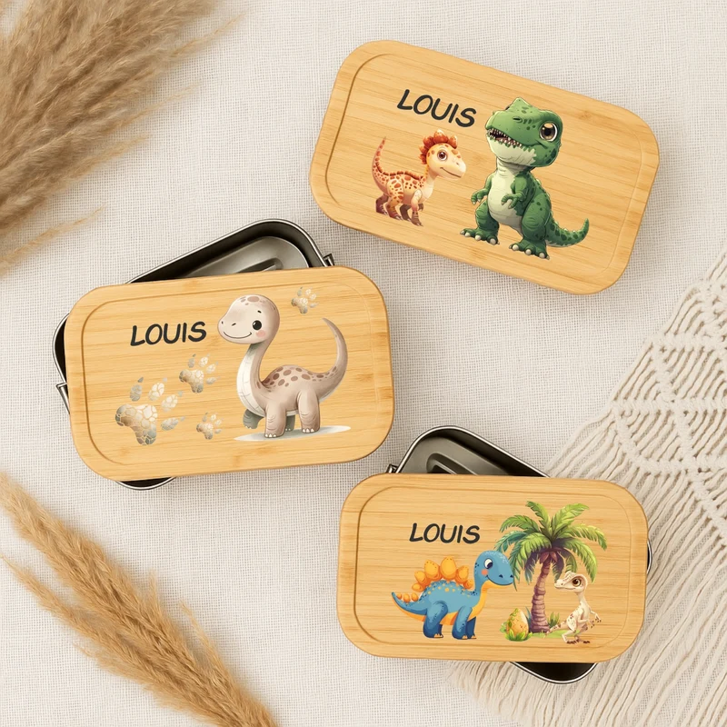 Brotdose Kinder Dino – Lunchbox mit Bambusdeckel & Name