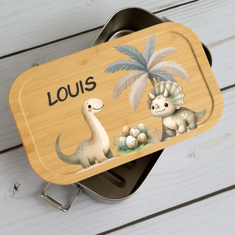 Brotdose Kinder Dino – Lunchbox mit Bambusdeckel & Name