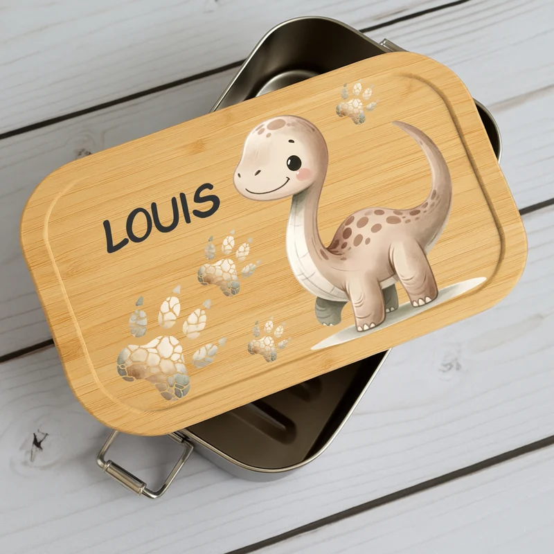 Brotdose Kinder Dino – Lunchbox mit Bambusdeckel & Name