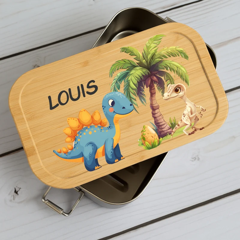 Brotdose Kinder Dino – Lunchbox mit Bambusdeckel & Name