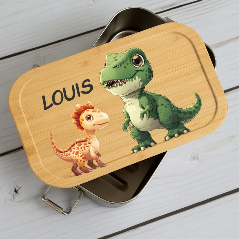 Brotdose Kinder Dino – Lunchbox mit Bambusdeckel & Name