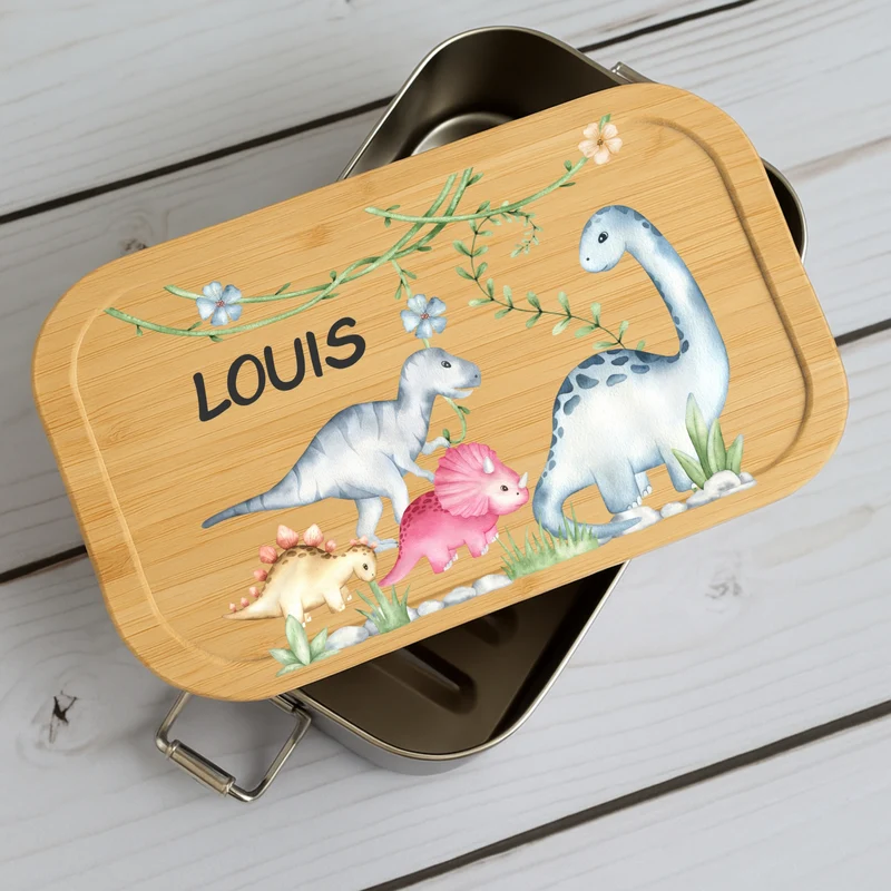 Brotdose Kinder Dino – Lunchbox mit Bambusdeckel & Name