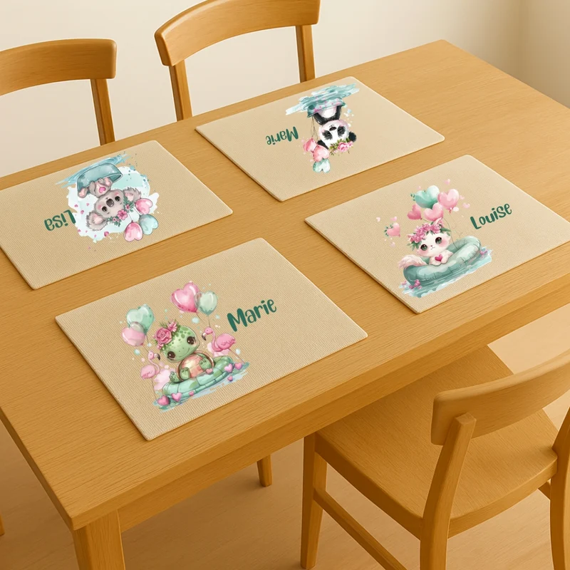 Personalisierbares Platzdeckchen Kinder – Koala, Katze & Schildkröte, waschbar
