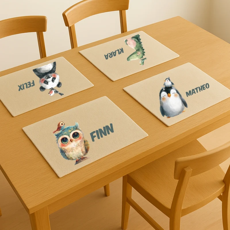 Personalisierbares Platzdeckchen Kinder – Tiger, Pinguin & Panda