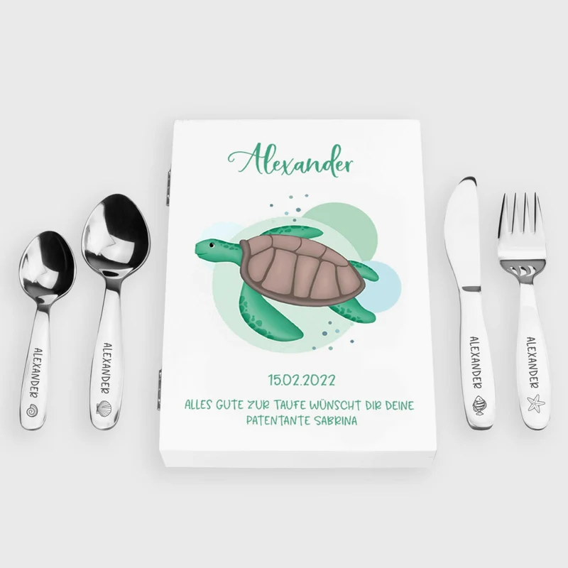 Kinderbesteck personalisiert mit Namen - Besteckset Schildkröte Motiv | Taufgeschenk für Kinder - Geschenk zur Taufe für Jungs & Mädchen, weiß Kiste