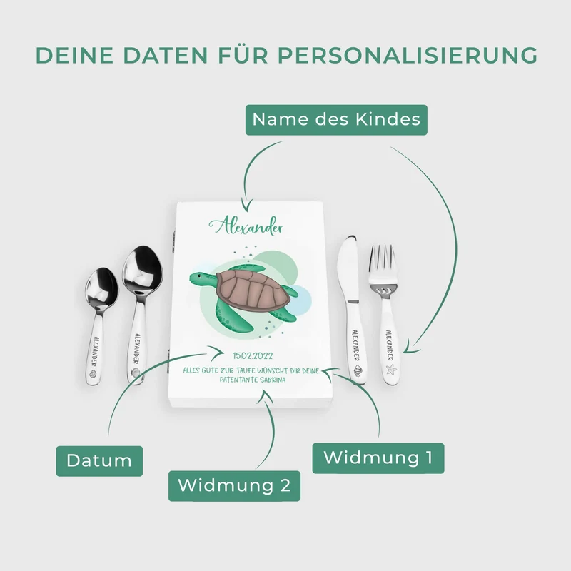 Kinderbesteck personalisiert mit Namen - Besteckset Schildkröte Motiv | Taufgeschenk für Kinder - Geschenk zur Taufe für Jungs & Mädchen, weiß Kiste