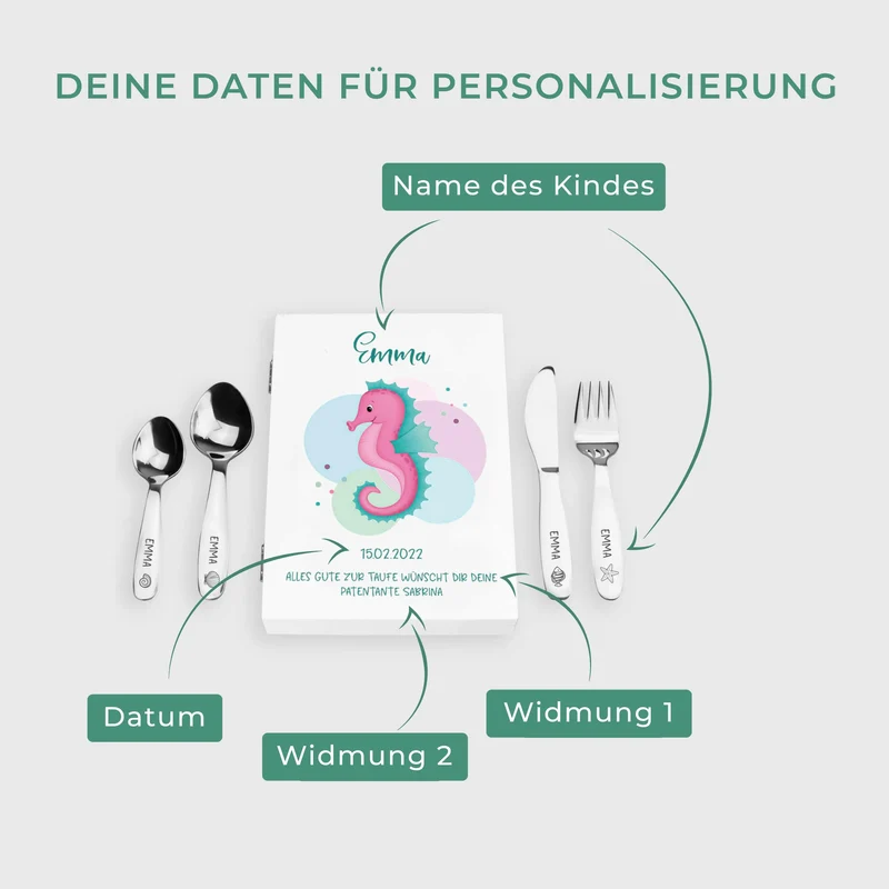 Kinderbesteck personalisiert mit Namen - Besteckset Seepferdchen Motiv | Taufgeschenk für Kinder - Geschenk zur Taufe für Jungs & Mädchen, weiß Kiste