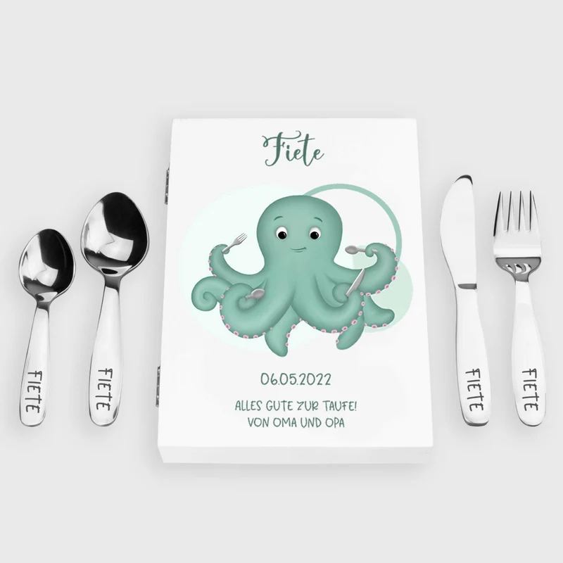 Kinderbesteck personalisiert mit Namen - Besteckset Oktopus Motiv | Taufgeschenk für Kinder - Geschenk zur Taufe für Jungs & Mädchen, weiß Kiste