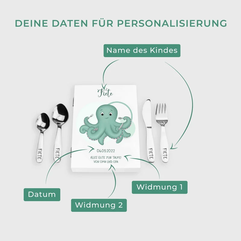 Kinderbesteck personalisiert mit Namen - Besteckset Oktopus Motiv | Taufgeschenk für Kinder - Geschenk zur Taufe für Jungs & Mädchen, weiß Kiste