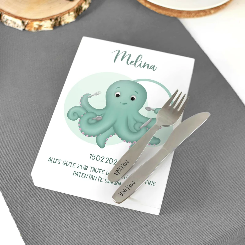 Kinderbesteck personalisiert mit Namen - Besteckset Oktopus Motiv | Taufgeschenk für Kinder - Geschenk zur Taufe für Jungs & Mädchen, weiß Kiste