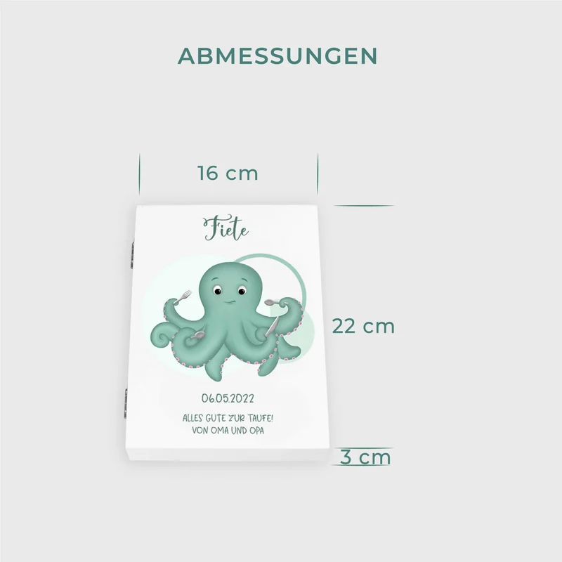 Kinderbesteck personalisiert mit Namen - Besteckset Oktopus Motiv | Taufgeschenk für Kinder - Geschenk zur Taufe für Jungs & Mädchen, weiß Kiste