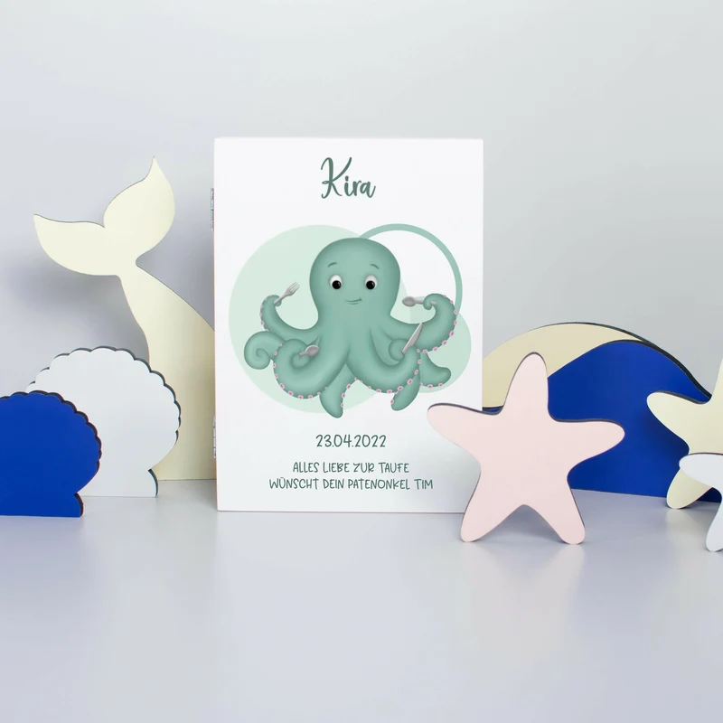 Kinderbesteck personalisiert mit Namen - Besteckset Oktopus Motiv | Taufgeschenk für Kinder - Geschenk zur Taufe für Jungs & Mädchen, weiß Kiste