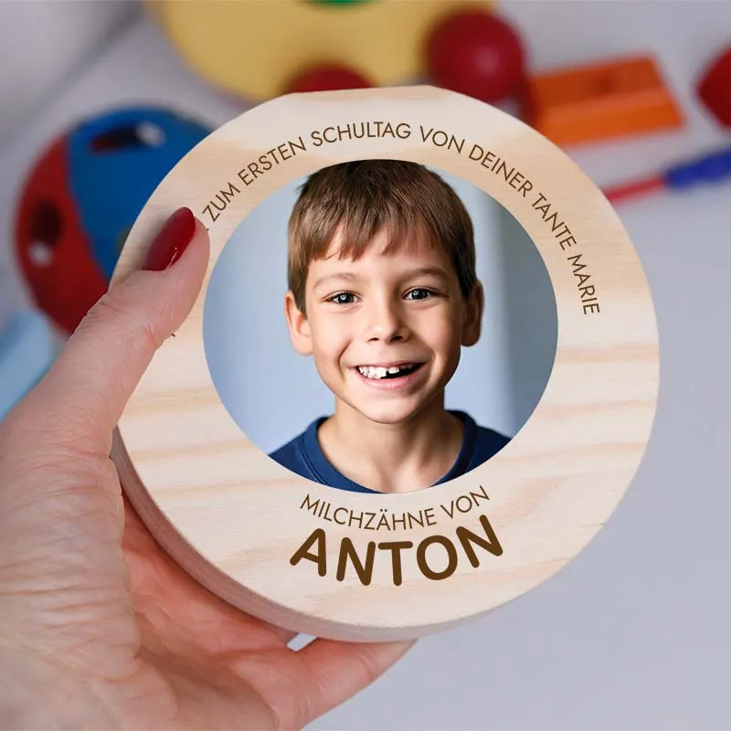 Personalisierte Milchzahndose aus Holz mit Foto & Namen - Zahnbox für Kinder | Zahndose für Milchzähne - Baby Zahnfee Geschenk & Andenken zur Taufe