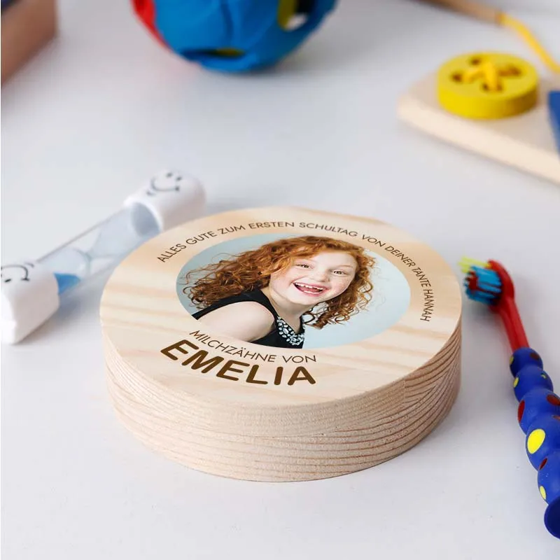 Personalisierte Milchzahndose aus Holz mit Foto & Namen - Zahnbox für Kinder | Zahndose für Milchzähne - Baby Zahnfee Geschenk & Andenken zur Taufe