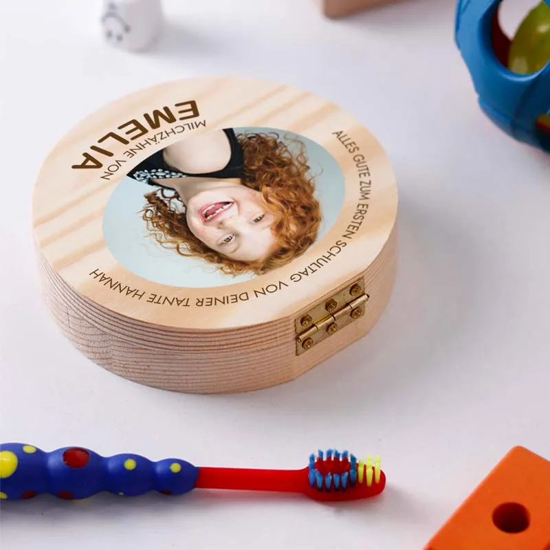 Personalisierte Milchzahndose aus Holz mit Foto & Namen - Zahnbox für Kinder | Zahndose für Milchzähne - Baby Zahnfee Geschenk & Andenken zur Taufe