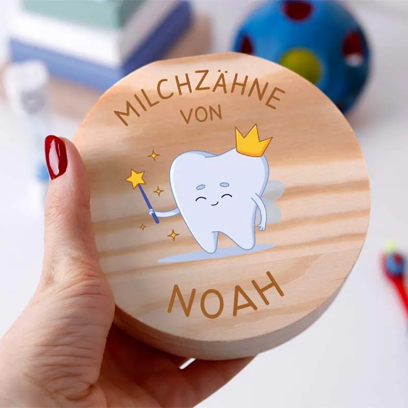 Personalisierte Milchzahndose aus Holz mit Namen - Zahnbox mit Zahnfee für Kinder | Zahndose für Milchzähne - Baby Geschenk & Andenken zur Taufe