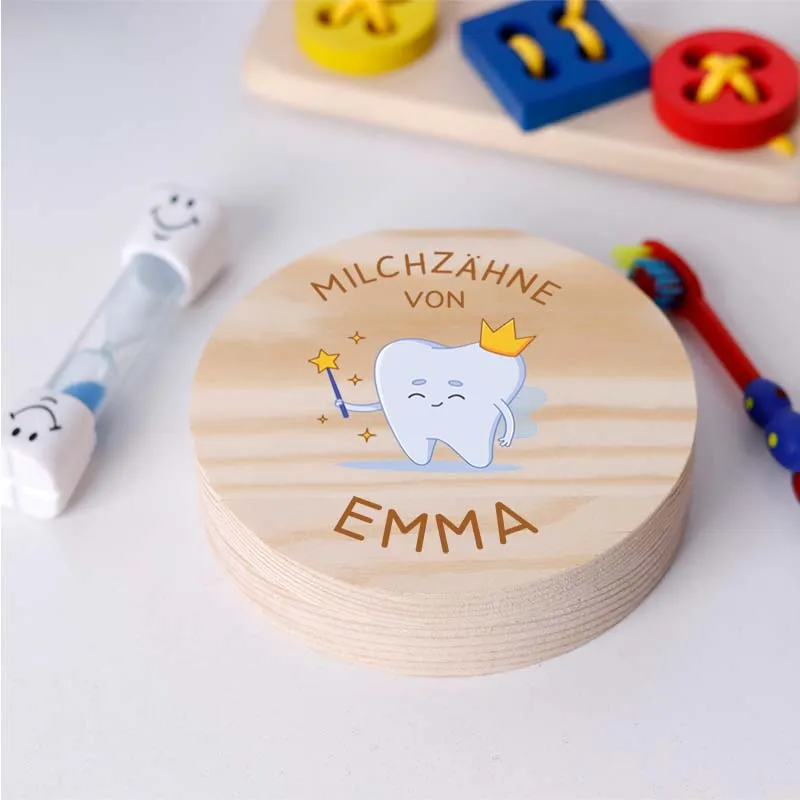 Personalisierte Milchzahndose aus Holz mit Namen - Zahnbox mit Zahnfee für Kinder | Zahndose für Milchzähne - Baby Geschenk & Andenken zur Taufe