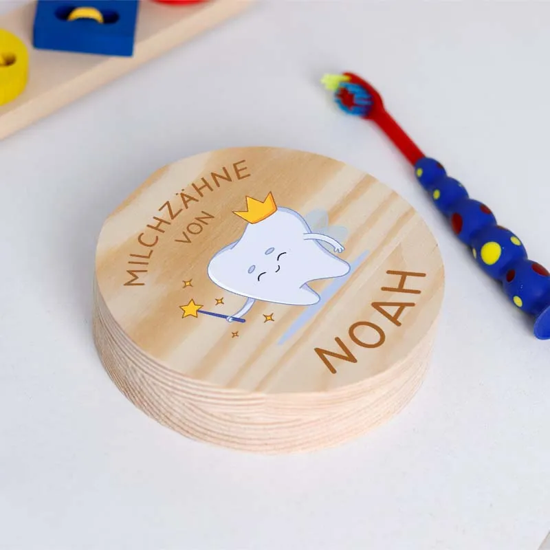 Personalisierte Milchzahndose aus Holz mit Namen - Zahnbox mit Zahnfee für Kinder | Zahndose für Milchzähne - Baby Geschenk & Andenken zur Taufe