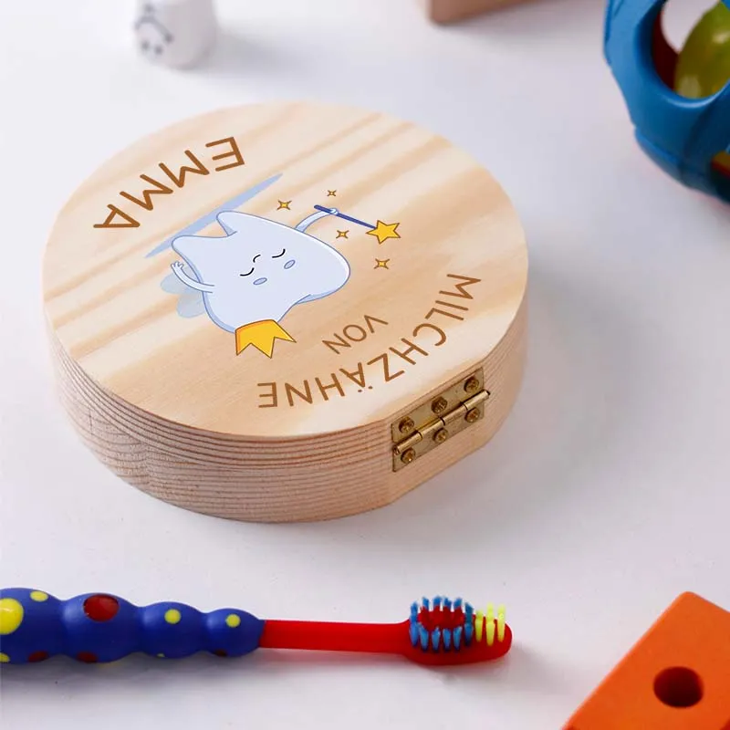 Personalisierte Milchzahndose aus Holz mit Namen - Zahnbox mit Zahnfee für Kinder | Zahndose für Milchzähne - Baby Geschenk & Andenken zur Taufe