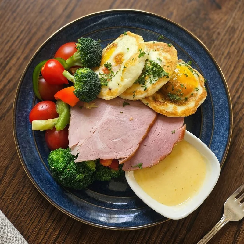 Baked Eggs and Ham Breakfast w/ Cream Cheese and Side Salad