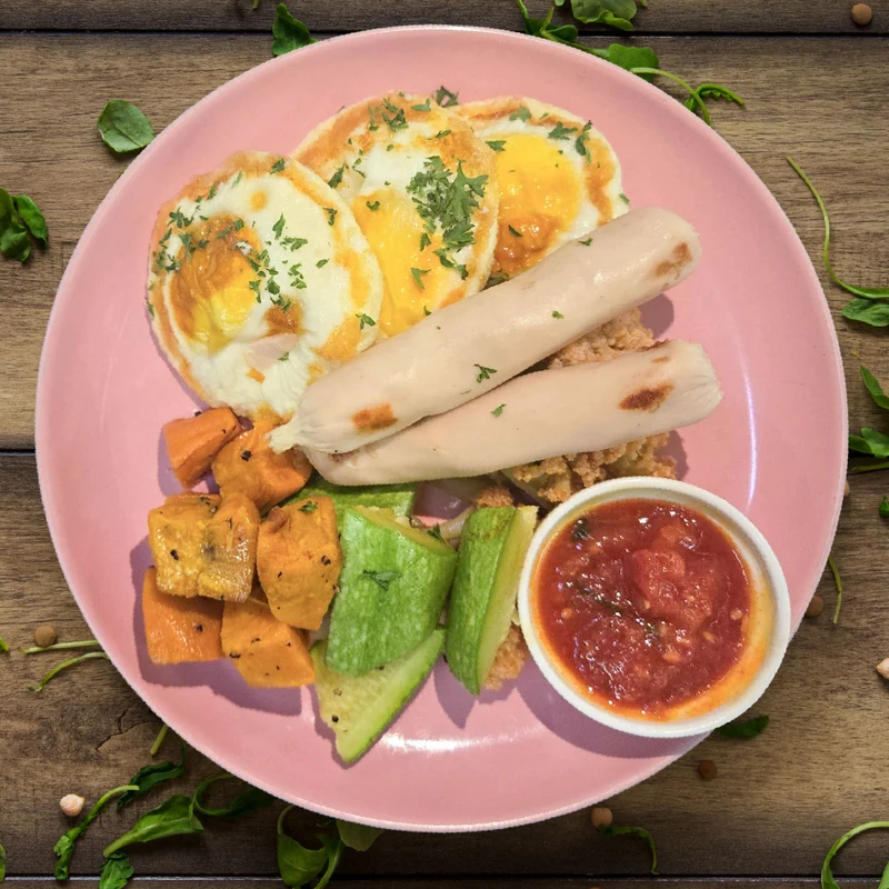 Roasted Eggs w/ Chicken Herb Links, Charred Sweet Potato And Homemade Tomato Sauce