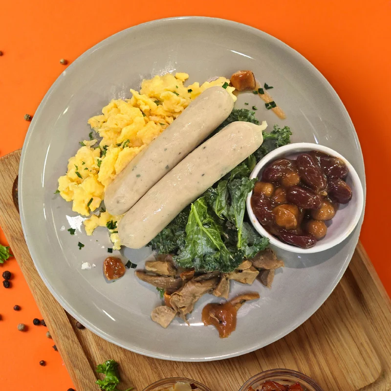 Scrambled Eggs w/ Chicken Herb Links and Side Salad