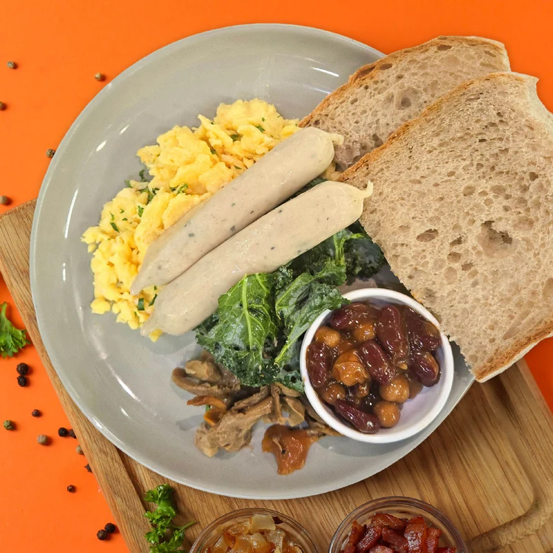 Scrambled Eggs w/ Chicken Herb Links and Wholewheat Bread