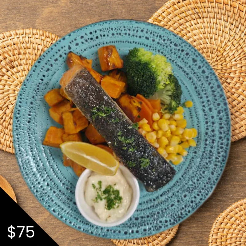 LK9. Grilled Salmon Fillet with Roast Sweet Potato and Garlic Aioli Sauce