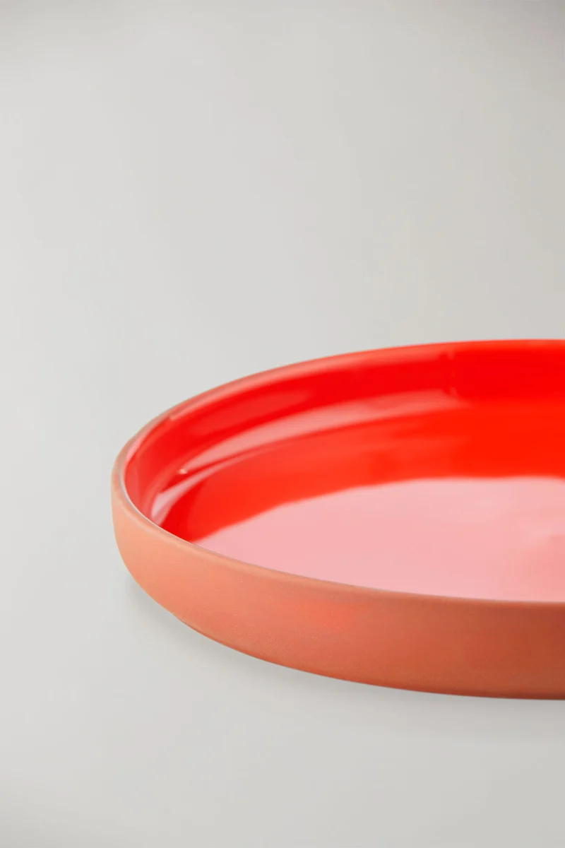 CLAYWARE, SERVING DISH, LARGE, LOW, CLAY TERRACOTTA, GLAZE RED