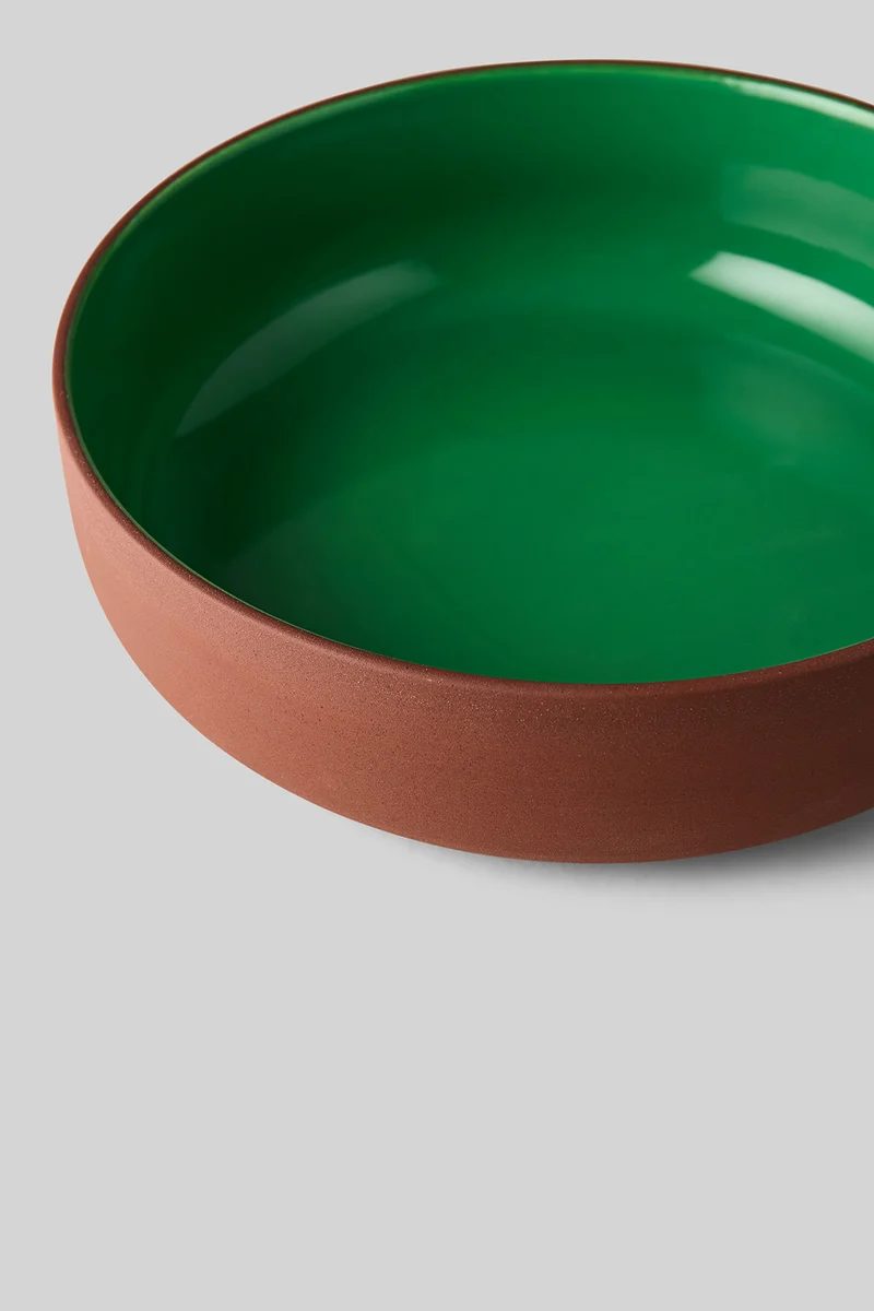 CLAYWARE, SERVING BOWL, LARGE, HIGH, CLAY TERRACOTTA, GLAZE GREEN