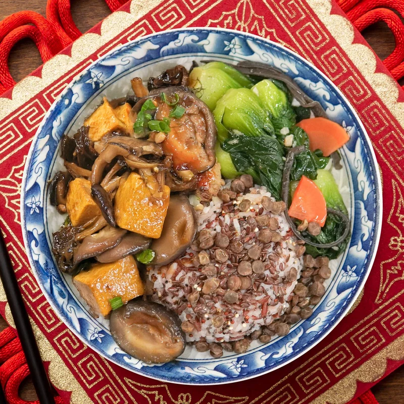 C. Braised Tofu W/ Mushroom, Seasonal Vegetable And Jasmine Rice