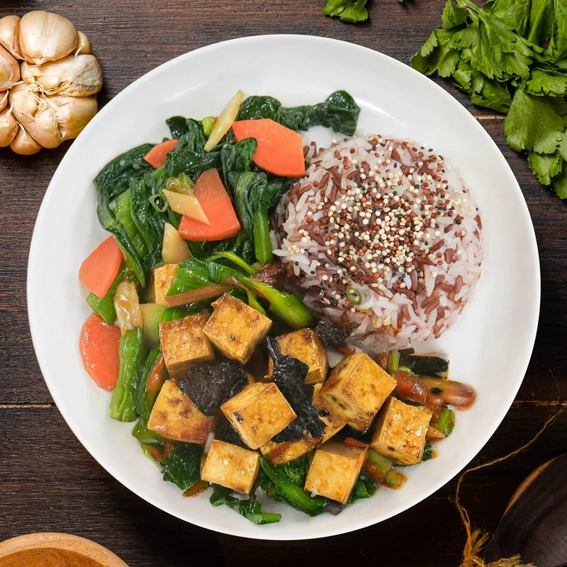 C. Black Garlic Tofu, Seasonal Greens And Jasmine Rice