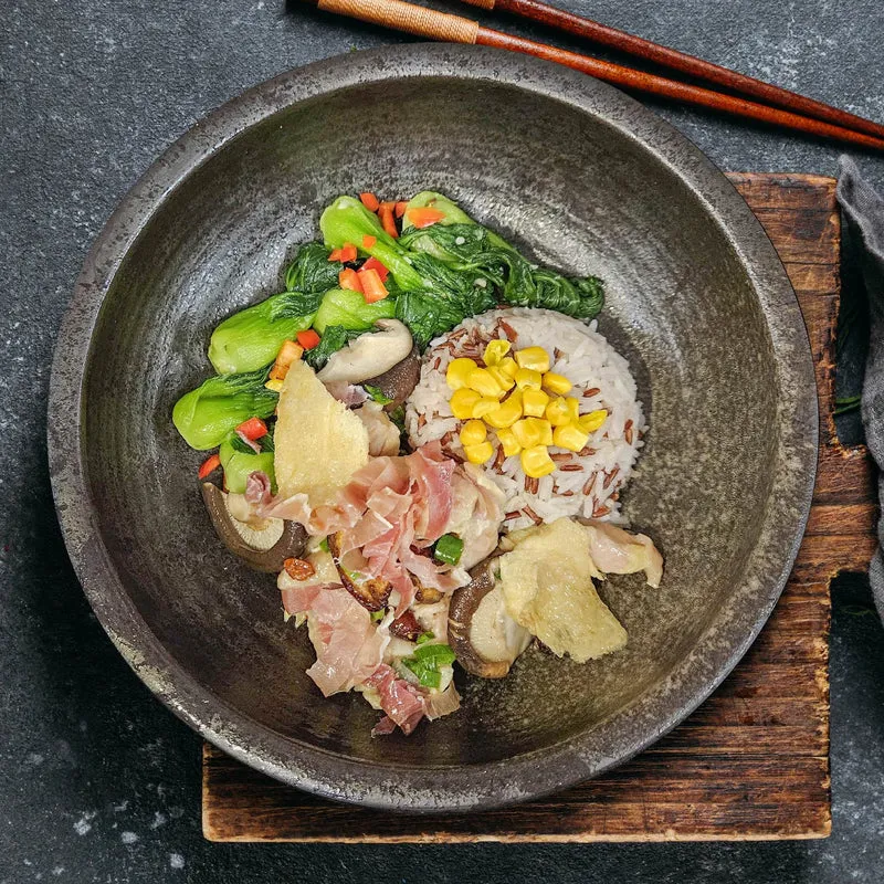 C. Braised Chicken W/ Mushroom, Bamboo Pith, Parma Ham And Seasonal Vegetables W/ Corn Mix Rice