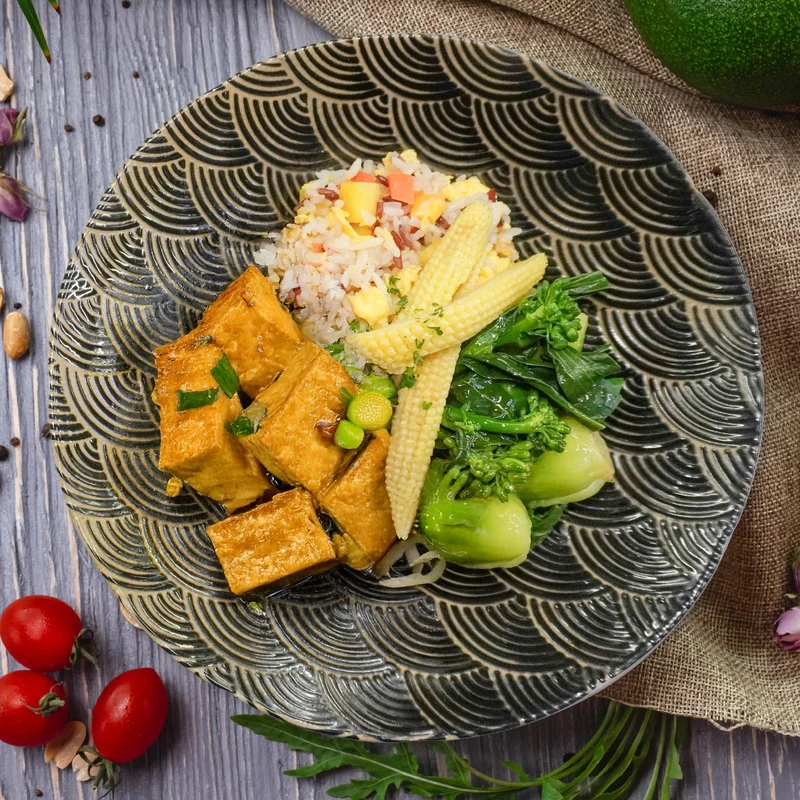 B. Indonesian Tofu w/ Chinese Greens, Pineapple Fried Rice And Peanut Sauce
