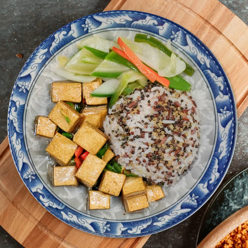 D. Tao O Style Beancurd W/ Seasonal Greens And Jasmine Rice