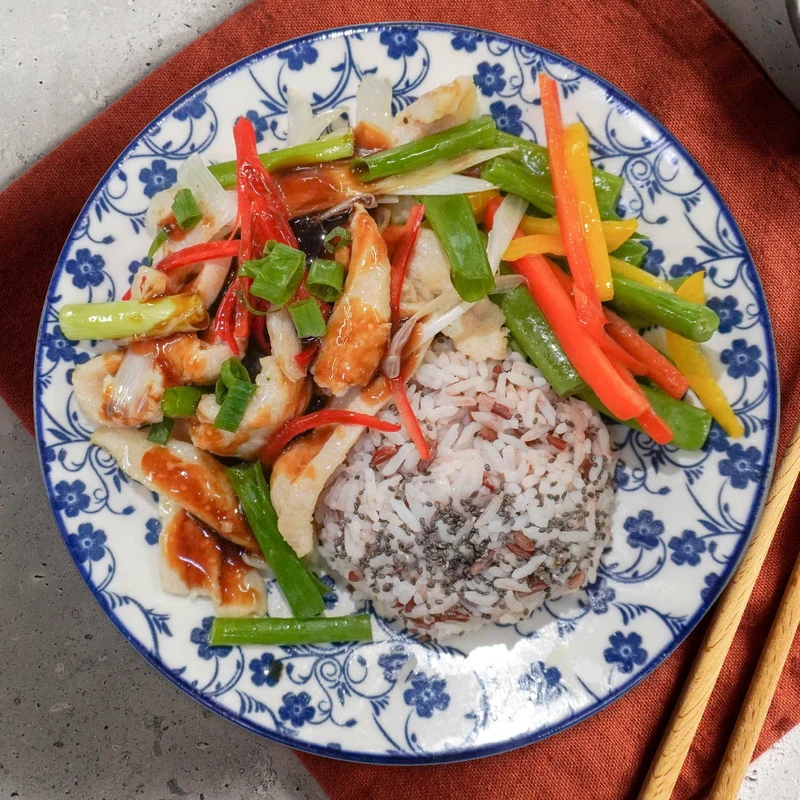 C. Scallion Ginger Chicken Claypot W/ Stir Fried Vegetable And Jasmine Rice