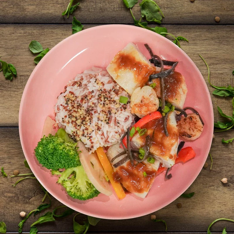 D. Sauteed Garlic Fish Fillet w/ Black Fungus, Seasonal Vegetable And Jasmine Rice