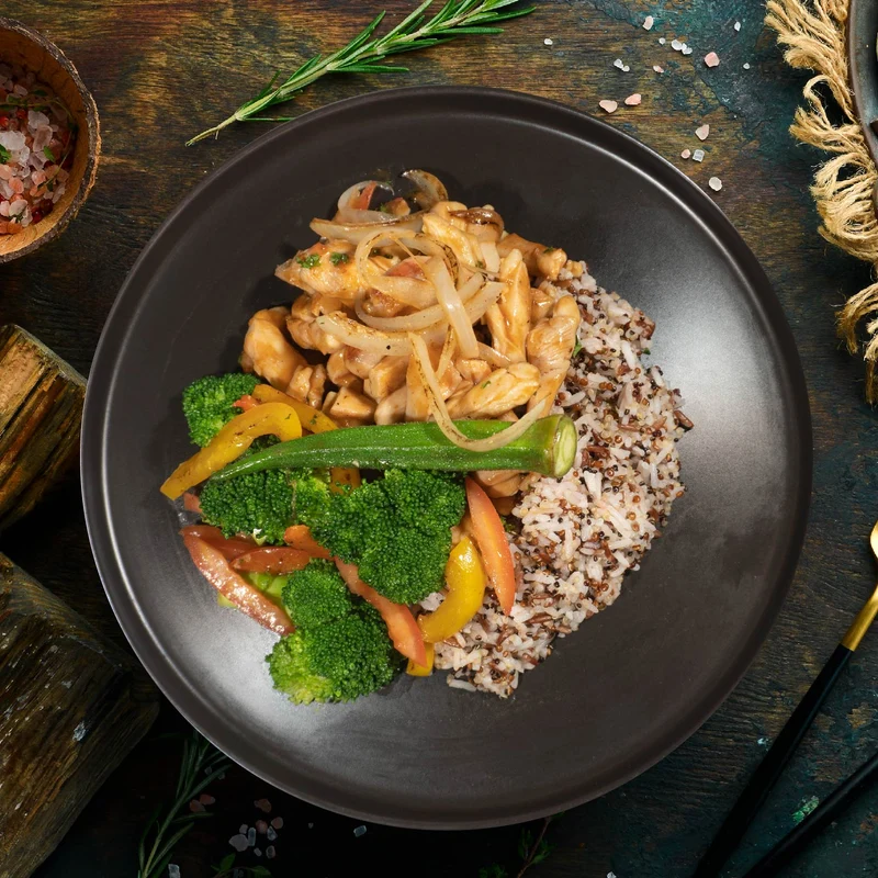 B. Low Fat Chicken Stroganoff Served W/ Mix Vegetables And Quinoa Mix Rice