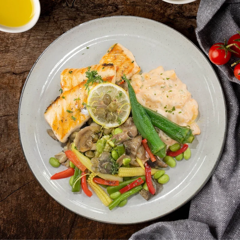 A. Healthy Lemon Capers Grilled Fish W/ Vegetables And Macaroni Salad