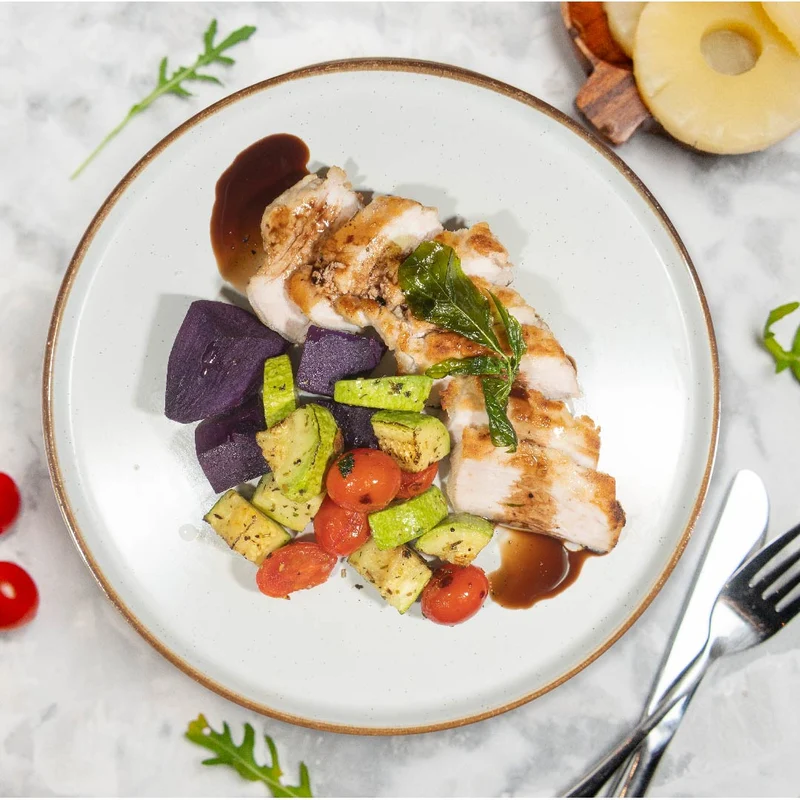 B. Grilled Pork Loin w/ Balsamic Onion Sauce, Seasonal Vegetables And Garlic Thyme Potato