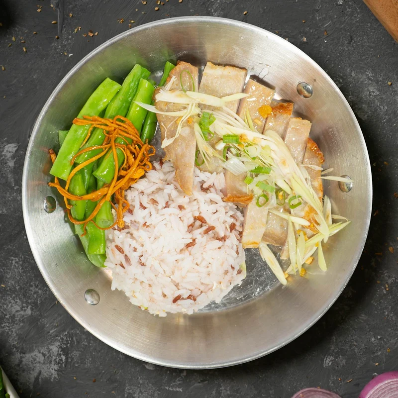 D. Grilled Pork Loin W/ Chinese Miso Sauce, Asian Greens And Jasmine Rice
