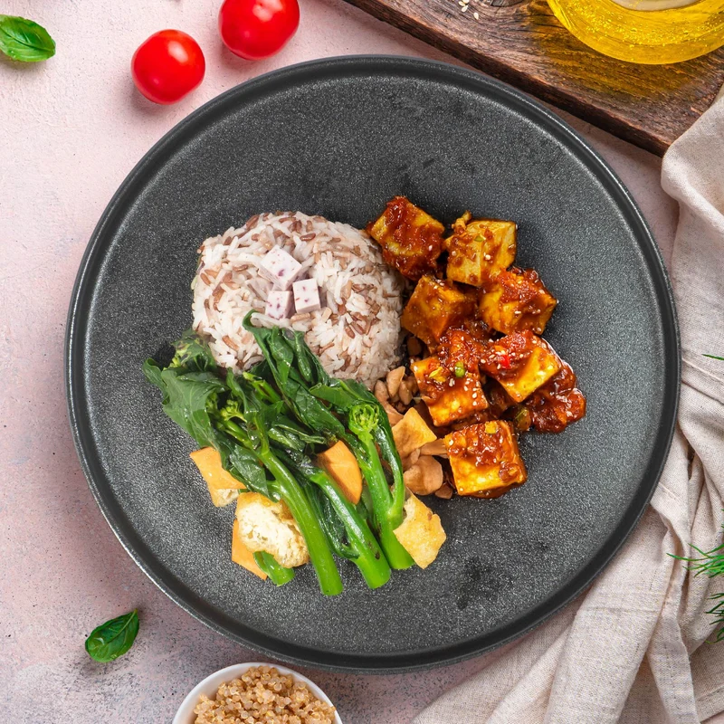 B. Malaysian Sambal Tofu W/ Steamed Greens And Taro Mix Rice